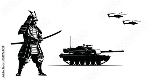 Samurai Warrior Confronts Modern Military Tank and Helicopters