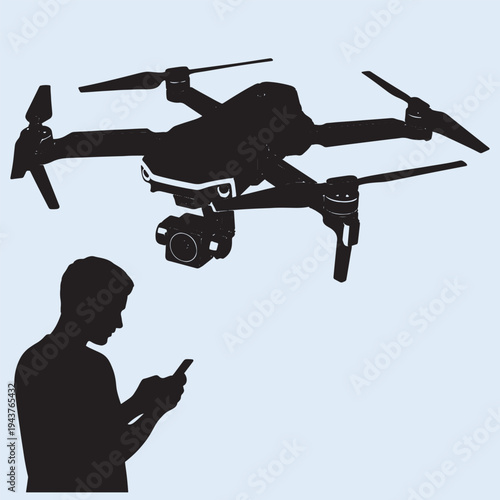 Drone Silhouette with Camera, Unmanned Aerial Vehicle UAV for Photography and Surveillance, Vector Isolated