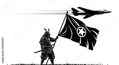 Samurai Warrior Holding Flag with Star, Jet Fighter Flying Overhead