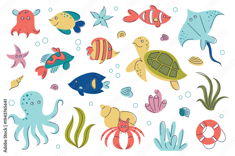 Obraz premium Cute sea animals clipart set, bright cartoon ocean creatures for kids. Turtle, clownfish, octopus, hermit crab, stingray, butterfly fish, starfish and seaweed, cheerful underwater vector illustration