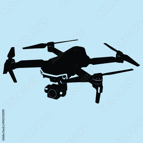 Drone Silhouette with Camera, Unmanned Aerial Vehicle UAV for Photography and Surveillance, Vector Isolated