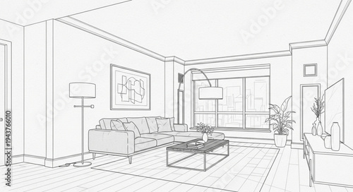 Minimalist Living Room Interior Sketch Illustration.