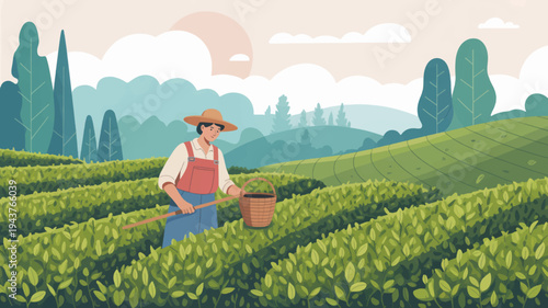 Farmer in green tea field harvesting leaves at sunrise with basket
