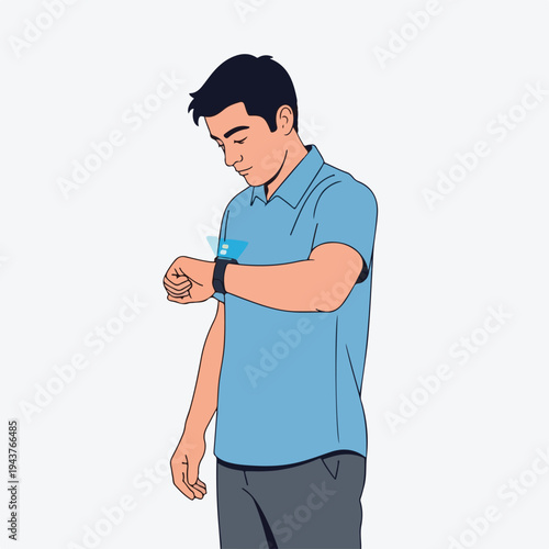 A man checks his smartwatch, looking down at his wrist