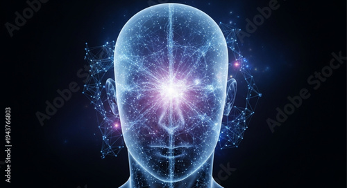 Digital Human Head with Cosmic and Neural Elements.
