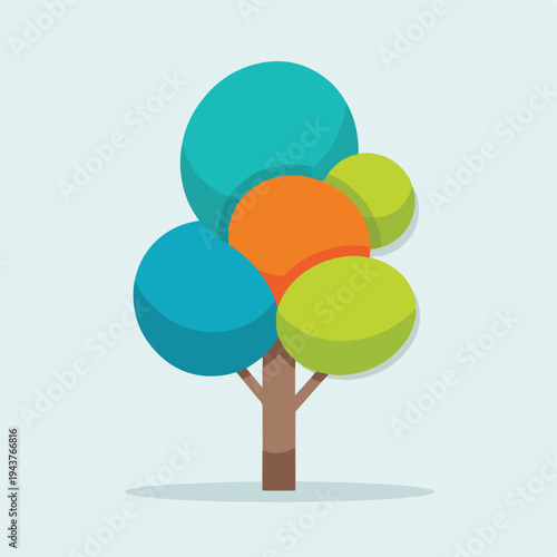 A stylized tree with colorful circular foliage and a brown trunk