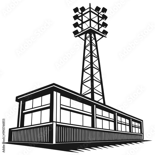 Vector illustration of stadium press box with floodlight tower