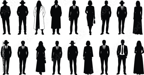 Elegant men and women silhouettes in classic fashion clothing isolated on white background, vintage style, business attire, and urban lifestyle concept