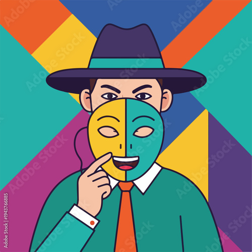 A man in a hat holds a dual-colored mask in front of his face