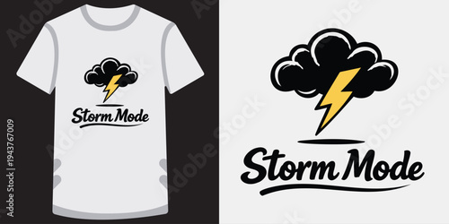 Fashionable white tshirt design featuring a bold storm mode graphic with lightning and cloud illustration perfect for weatherthemed apparel and creative clothing ideas