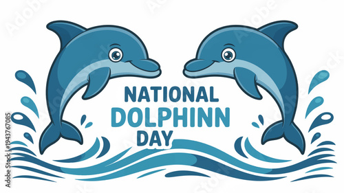 Two dolphins jumping out of water on national dolphin day with splashes and waves