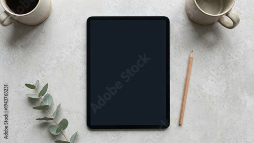 Tablet with Coffee Mugs with Pencil, and and Eucalyptus on Textured Desk.