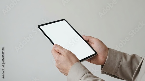 Person holds a blank screen tablet device on a neutral background.