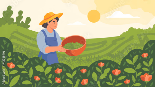 Farmer holding basket of green plants in a lush field with flowers under sunny sky