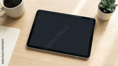 Modern Tablet Workspace Coffee with Plant  Sunlight on Desk.