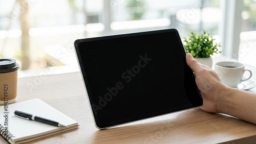 Person holding tablet with coffee, notebook, pen on wooden desk, and natural light.