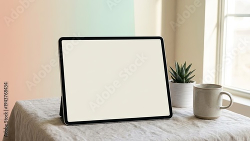 Modern tablet setup with plant and coffee by window with natural light.
