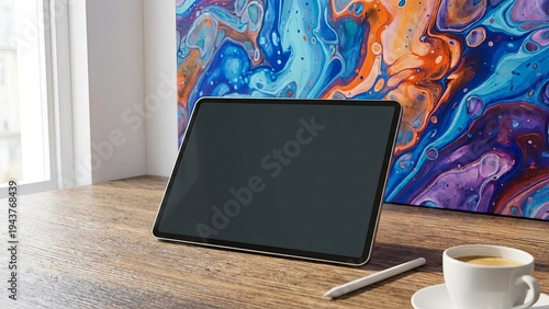 Tablet  Stylus on Desk with Abstract Art  Coffee with Creative Workspace.