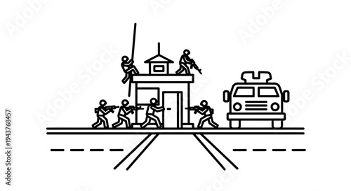 Security forces raid checkpoint, tactical operation, police truck, urban scene