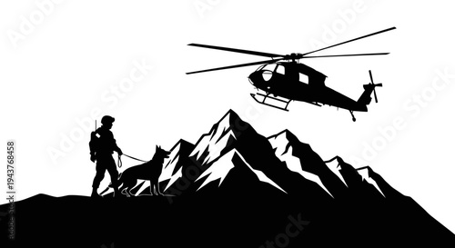 Search and Rescue Team: Helicopter, Dog Handler, and Mountains Silhouette