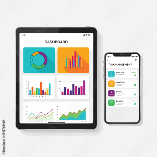 A tablet and phone display a business dashboard and task management interface