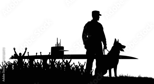 Security Guard With Dog Patrols Submarine Dock Amidst Cheering Crowd Silhouette