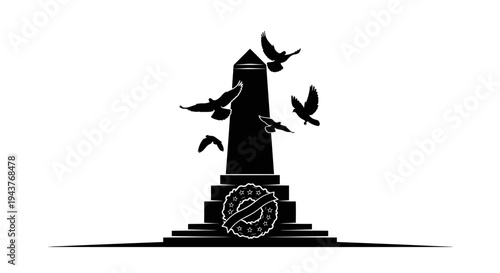 Silhouette Memorial Monument with Wreath and Flying Doves, Symbol of Peace and Remembrance