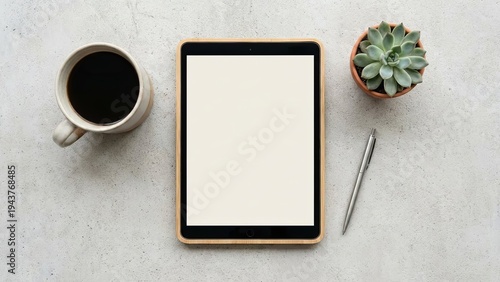 Minimalist workspace Tablet with coffee, succulent plant, and pen on desk.