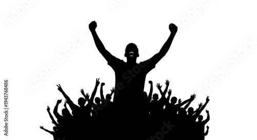 Silhouette of a cheering crowd with arms raised in celebration against a white background