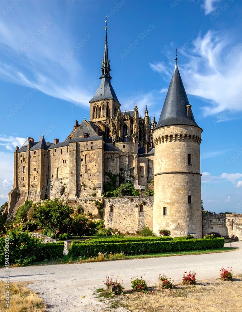 Fototapeta premium A large medieval castle with towers and spires on a hill