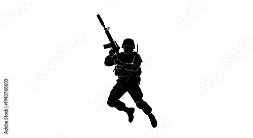Silhouette of a soldier in action with a rifle, running and aiming, military concept