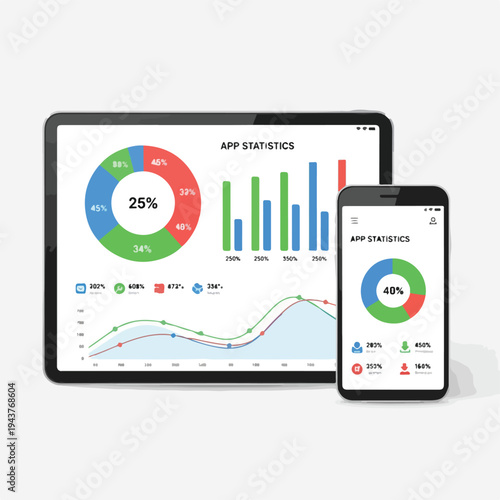 A tablet and phone show charts, graphs, and app usage data
