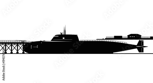 Silhouette of a Submarine docked at a pier with buildings in the background, black and white
