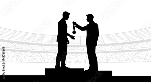 Silhouette of Athlete Receiving Gold Medal on Podium in Stadium