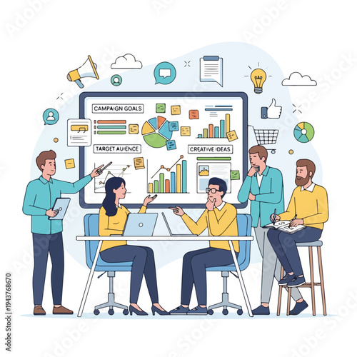 A team analyzes charts on a screen during a workplace brainstorming session