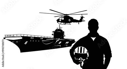 Silhouette of Pilot with Helicopter and Aircraft Carrier, Military Aviation Concept