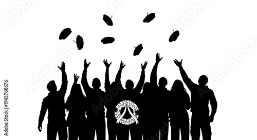 Silhouette of people celebrating, throwing hats in the air, graduation or success concept