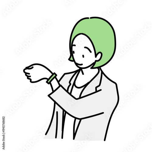 腕時計を見て現在の時刻を確認する若い女性のイラスト｜ビジネスやプライベートでの待ち合わせやスケジュール管理をイメージしたデザイン