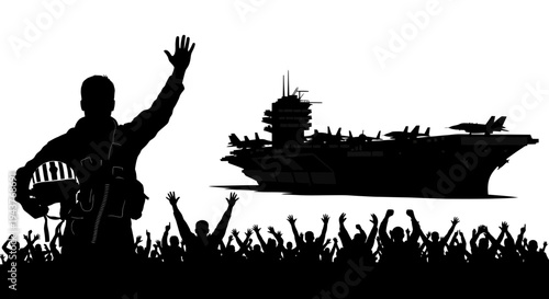 Silhouette of Pilot Waving to Crowd with Aircraft Carrier and Fighter Jets