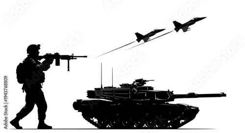 Silhouette of soldier aiming rifle, tank, and fighter jets in the sky