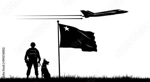 Silhouette of Soldier and Dog Guarding Flag with Fighter Jet Flying Overhead
