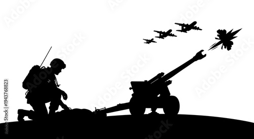Silhouette of Soldier Firing Artillery with Fighter Jets in Sky