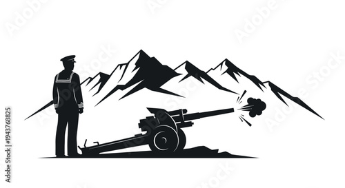 Silhouette of Soldier Firing Cannon in Mountains