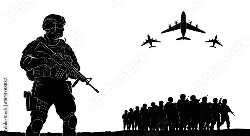 Silhouette of Soldier and Military Aircraft Formation