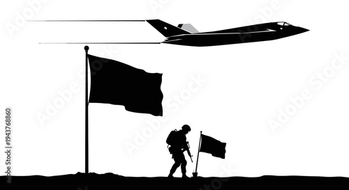Silhouette of Soldier Planting Flag with Fighter Jet Flying Overhead