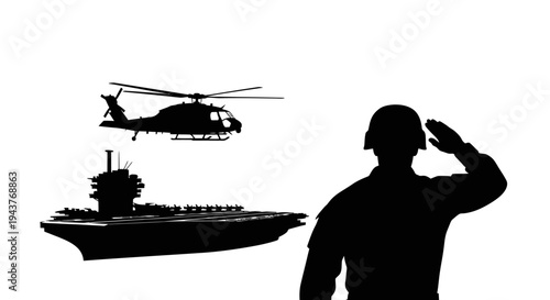 Silhouette of Soldier Saluting Aircraft Carrier and Helicopter, Military Operations Concept