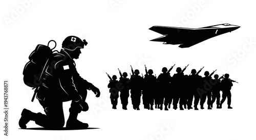 Silhouette of Soldier Kneeling with Military Jet and Troops in Formation