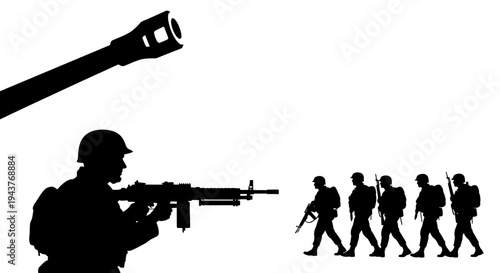 Silhouette of soldier with machine gun and tank barrel pointing towards marching soldiers