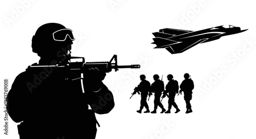 Silhouette of Soldier with Rifle, Troops Marching, and Fighter Jet in Sky