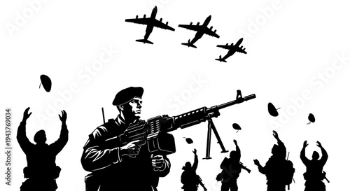 Silhouette of Soldiers and Military Aircraft in Combat Scene